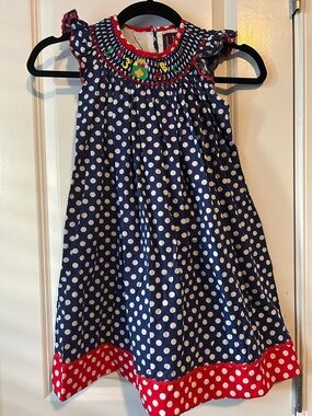Lil Cactus 5Y Back to School Navy Polka Dot Girls Smocked Dress with Red Trim